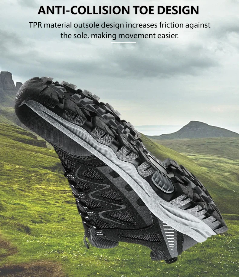 Work athletic shoes – Arch support, wide toe box, breathable, lightweight, non-slip, designed for mountaineering and outdoor activities.